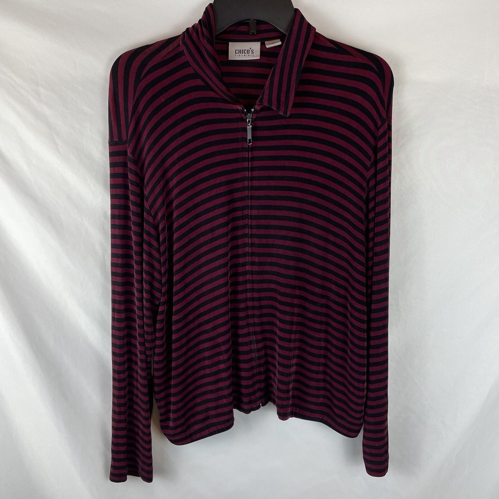 Chico's Travelers Black & Red Maroon Stretchy Full Zip Jacket Size 2 Made In USA